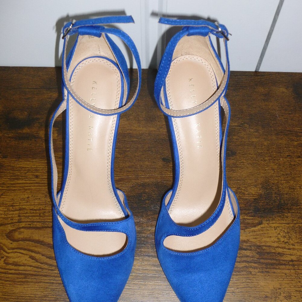 Kelly & Katie Bright Blue Pointed Closed Toe Pumps w/Adjustable Ankle Straps - Picture 3 of 16